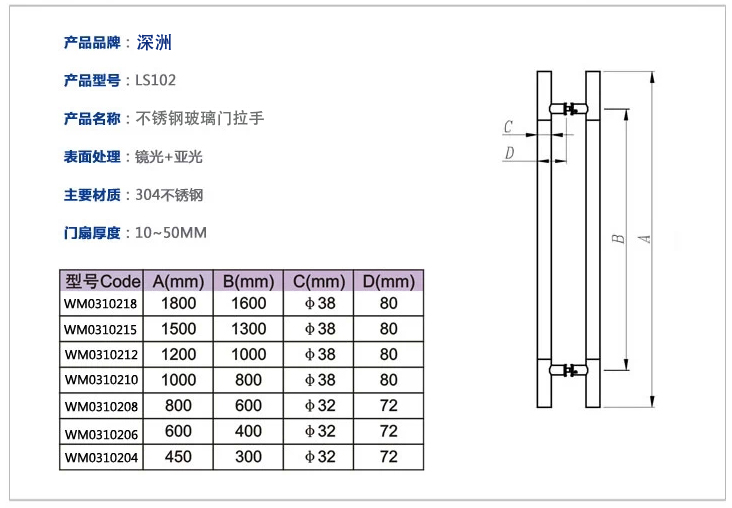 常用不锈钢玻璃门拉手尺寸规格