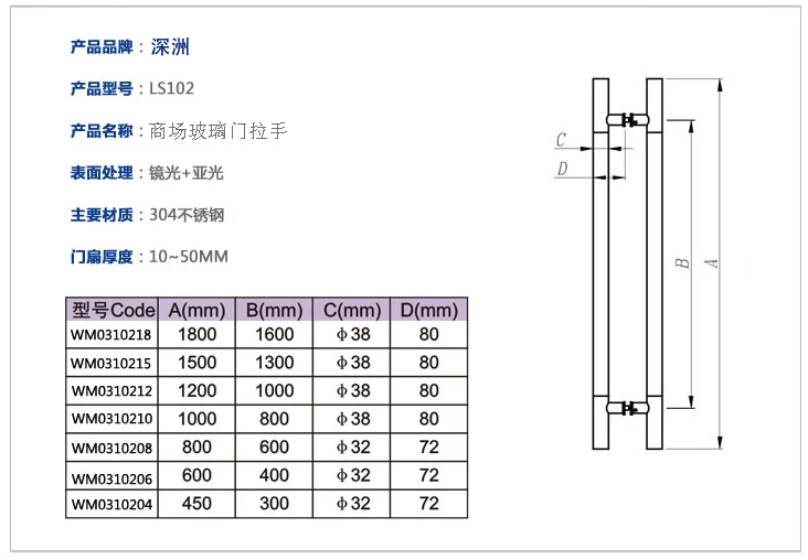 商场玻璃门拉手尺寸规格对比